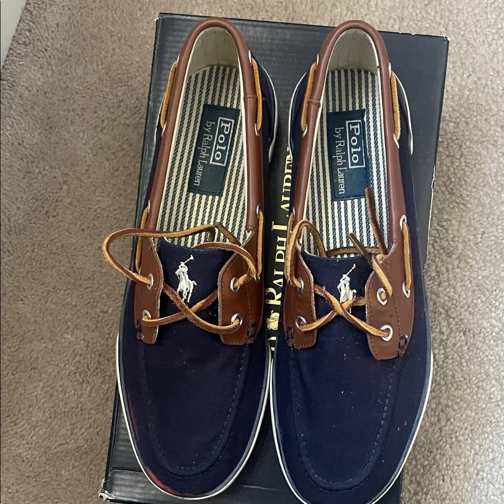 Polo by Ralph Lauren Navy and Tan Boat Shoes